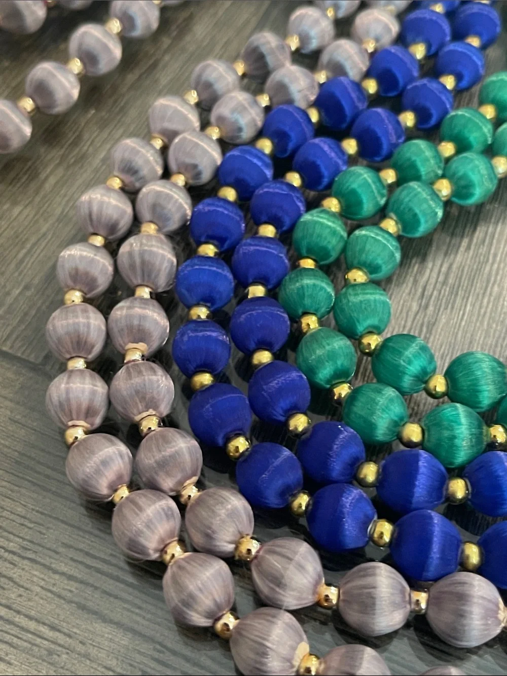 Vintage 3 Necklaces with Spun Silk Satin Beads Gold Tone Spacers 30 In. Approx